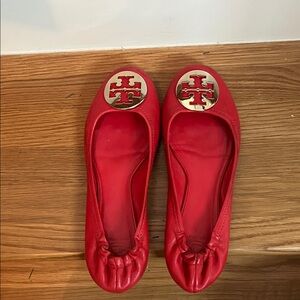 Tory Burch Red Leather Flats with Gold Logo